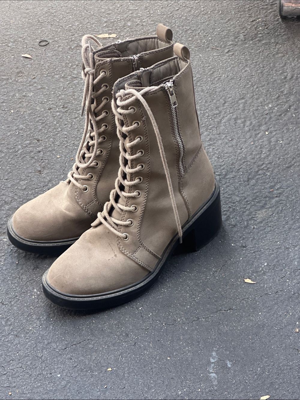 MIA Taupe Lace-Up Block Heel Combat Boots. Size 9